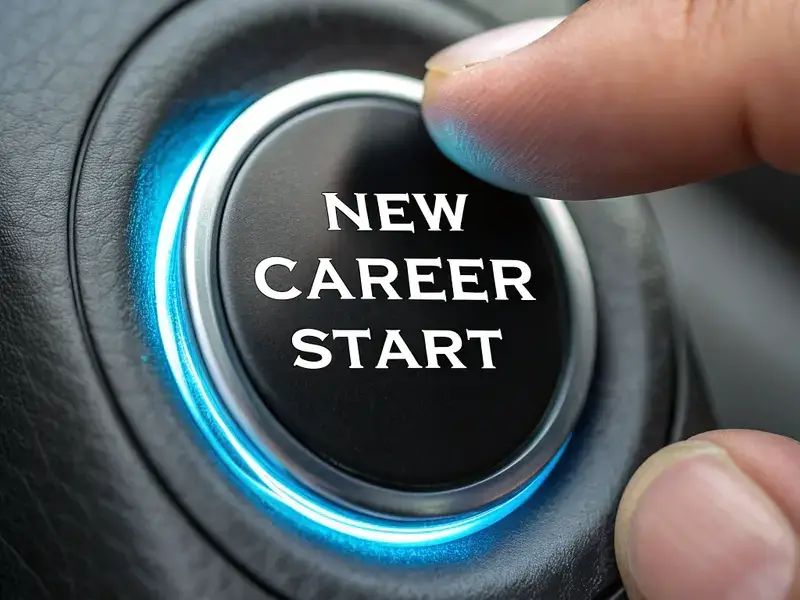 Finger pressing a glowing blue 'New Career Start' button, similar to a car engine start button, symbolizing a fresh entrepreneurial beginning.