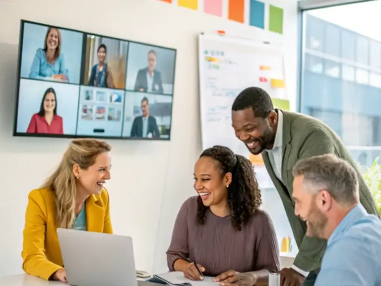 Diverse professionals smiling and collaborating in a modern office with a large screen displaying a video conference, symbolizing successful online business activities.