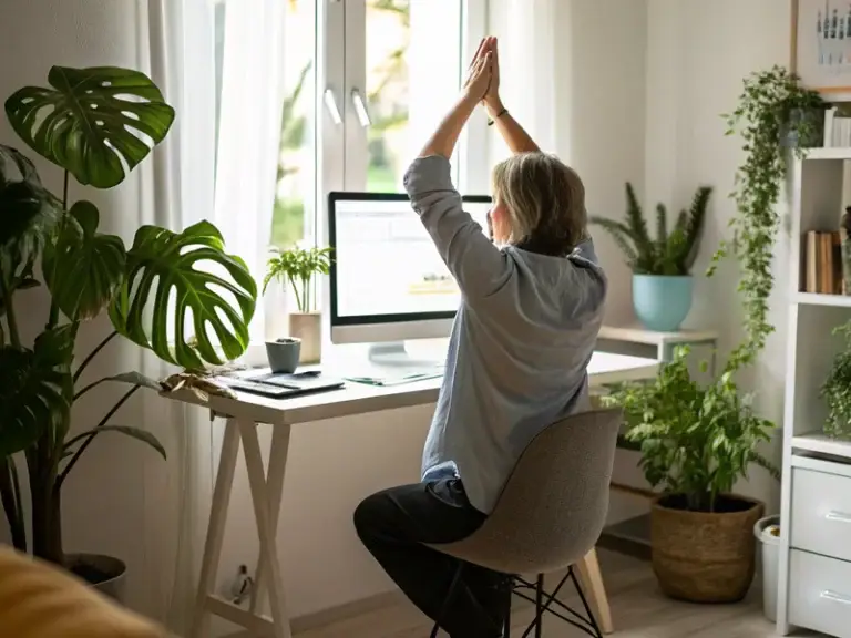 A woman stretching her arms above her head at a desk in a well-lit home office, demonstrating a break to avoid burnout.